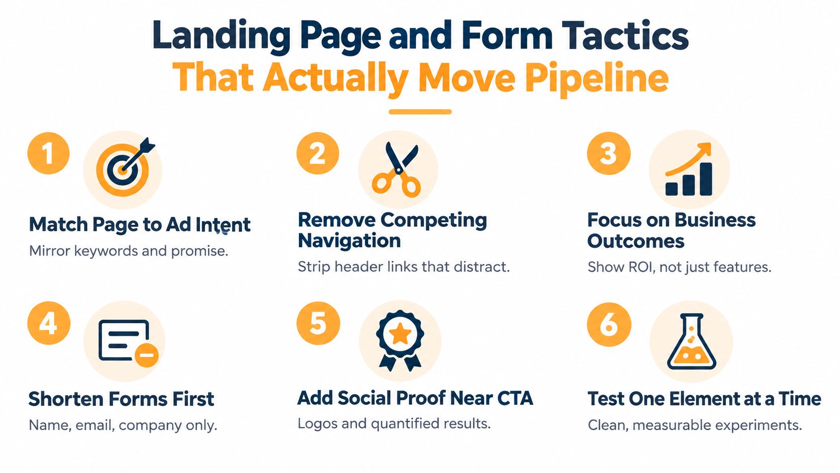 An infographic titled Landing Page and Form Tactics, listing six numbered strategies to improve marketing pipeline results.