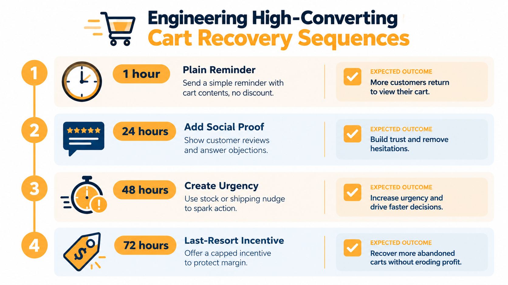 A flowchart infographic titled Engineering High-Converting Cart Recovery Sequences detailing four strategic steps for abandoned cart emails.