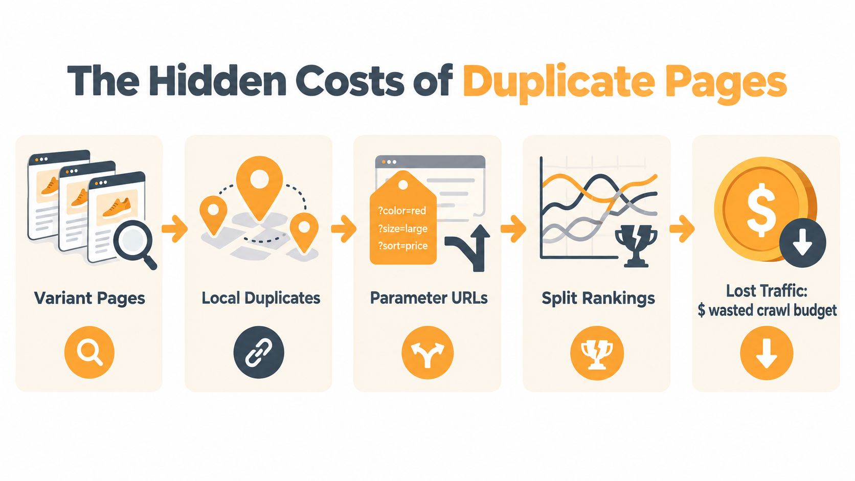 An infographic illustrating the negative SEO impacts of duplicate web pages, including wasted crawl budget and traffic.