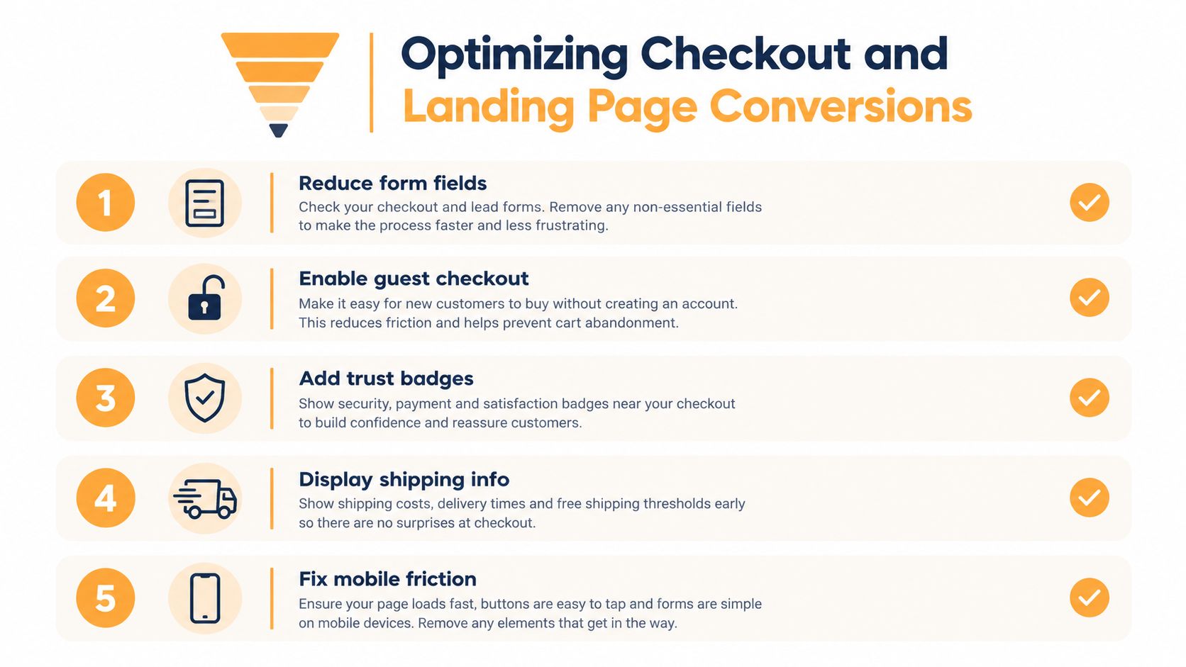 An infographic titled Optimizing Checkout and Landing Page Conversions showing five steps to improve customer conversion rates.