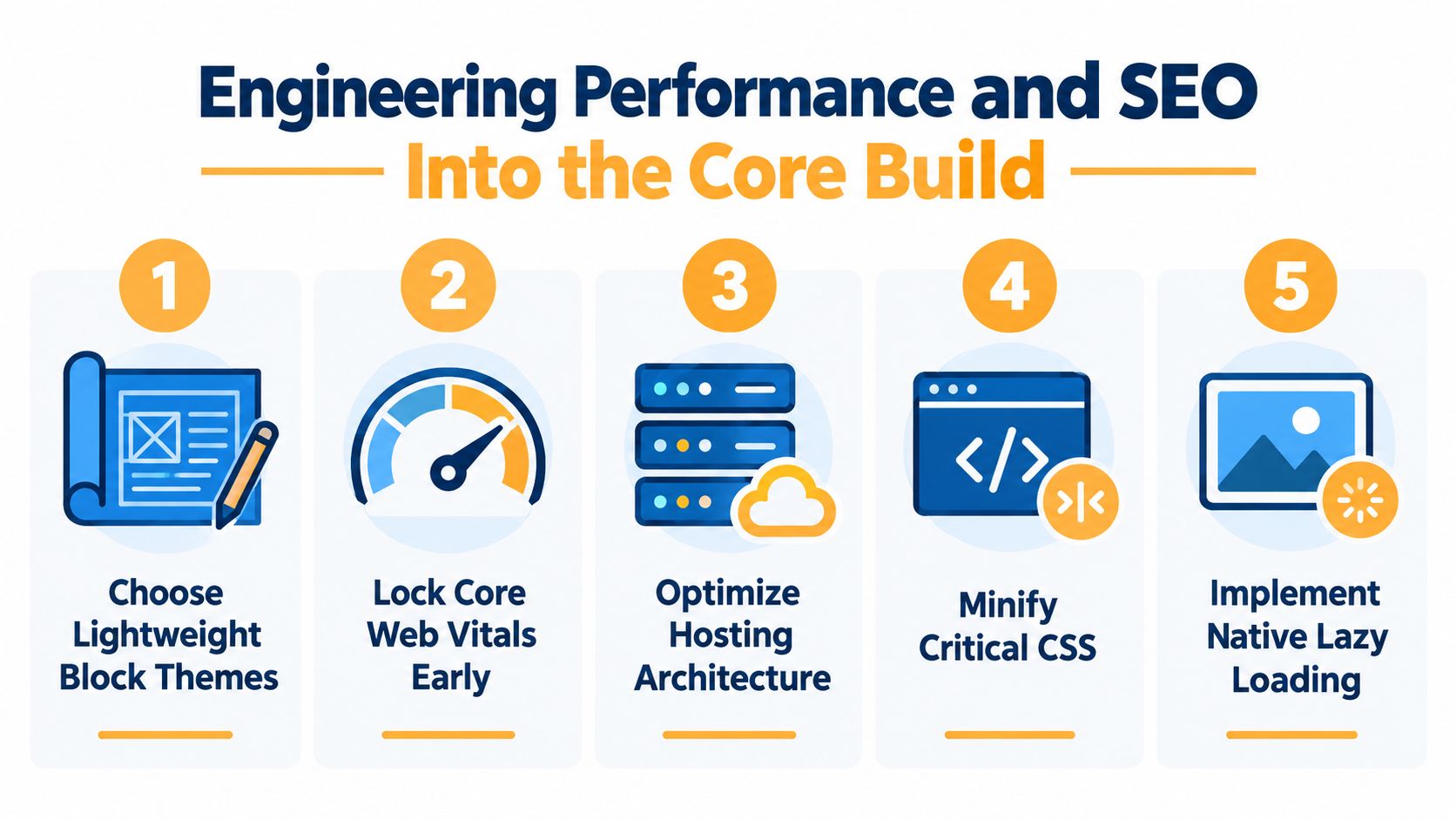 An infographic showing five key steps for engineering performance and SEO into a WordPress website build.